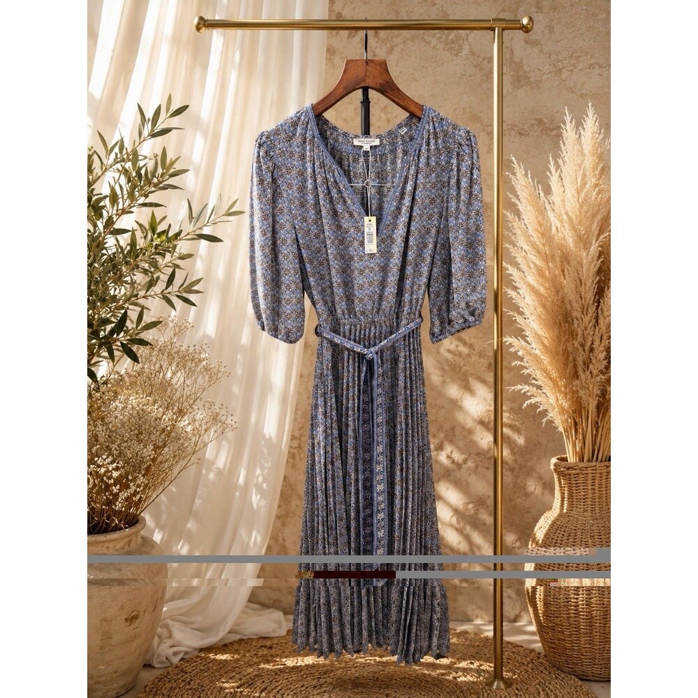 Max Studio London Pleated Midi Dress Blue Print Tie Waist Women’s Size S NWT
